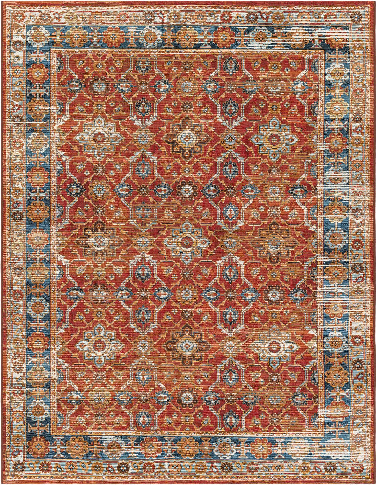A 5x7 rectangular red traditional rug with an oriental medallion pattern and blue and gold accents, suitable for indoor/outdoor use.