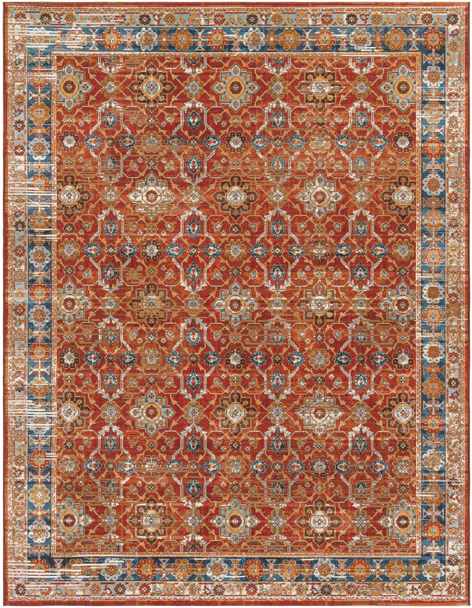 An 8x10 rectangular red traditional rug with intricate blue, gold, and white oriental patterns and a distressed look.