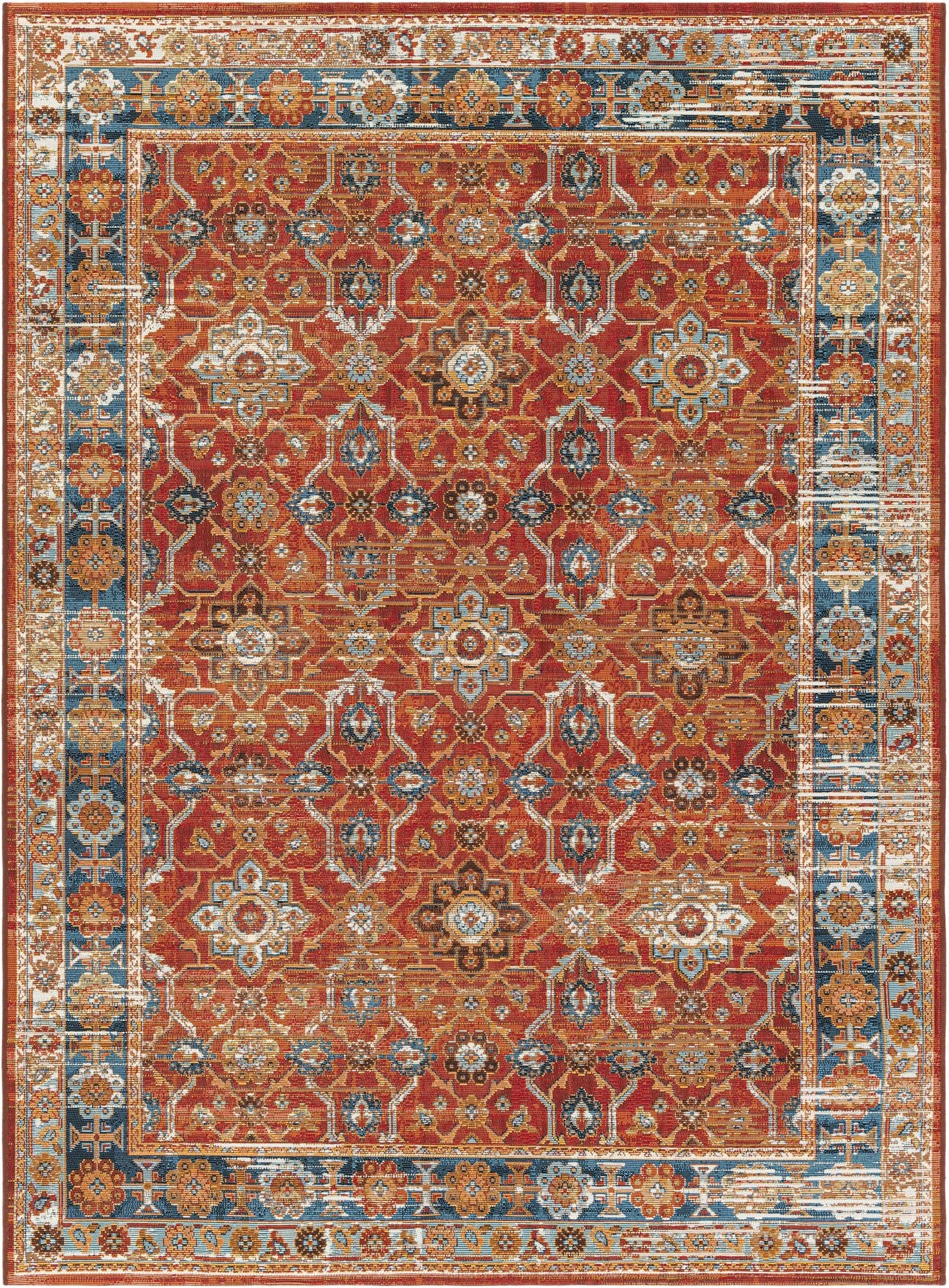 A 5x7 rectangular red traditional rug with an oriental medallion pattern and blue and gold accents, suitable for indoor/outdoor use.