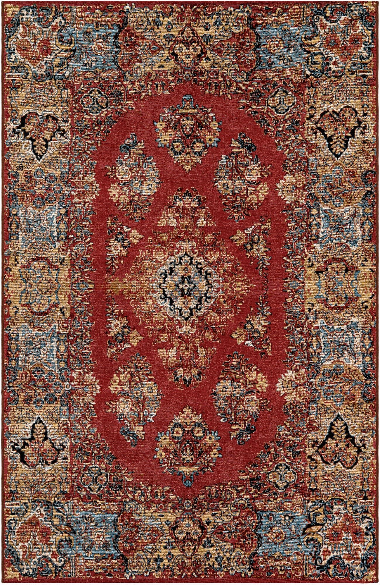 A 5x8 rectangular red Oriental rug with a detailed traditional pattern in gold, blue, and black, suitable for indoor or outdoor spaces.