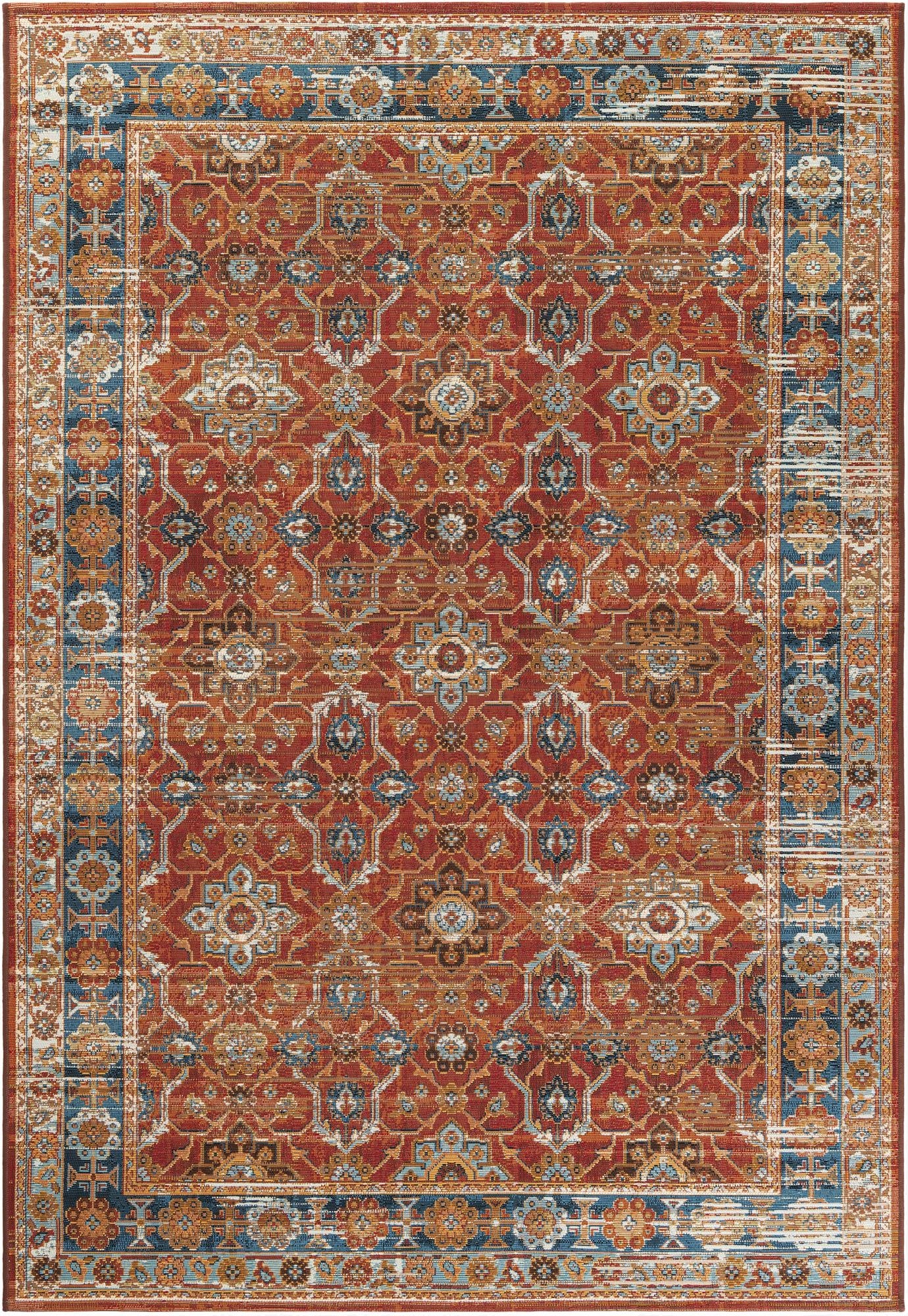 A 5x8 rectangular red indoor/outdoor rug with a distressed traditional Oriental pattern and blue and orange accents.