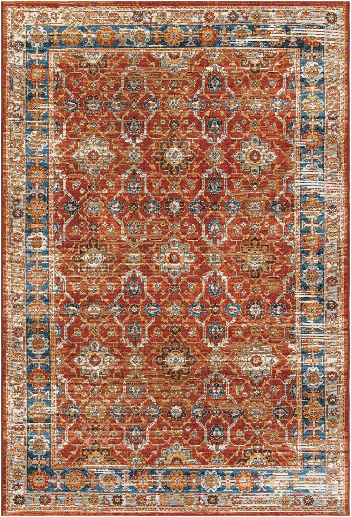 A 6x9 rectangular red indoor/outdoor rug with a traditional Oriental pattern and blue and orange accents.