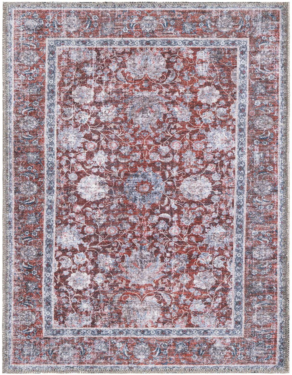 A 2x3 rectangular Rugs.com Yara rug with a distressed red field and faded floral patterns in white and blue, framed by a decorative border.