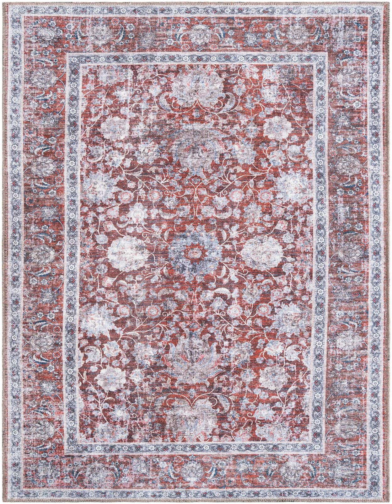A 3x5 rectangular red rug with a faded traditional floral pattern in white and blue, suitable for an entryway.