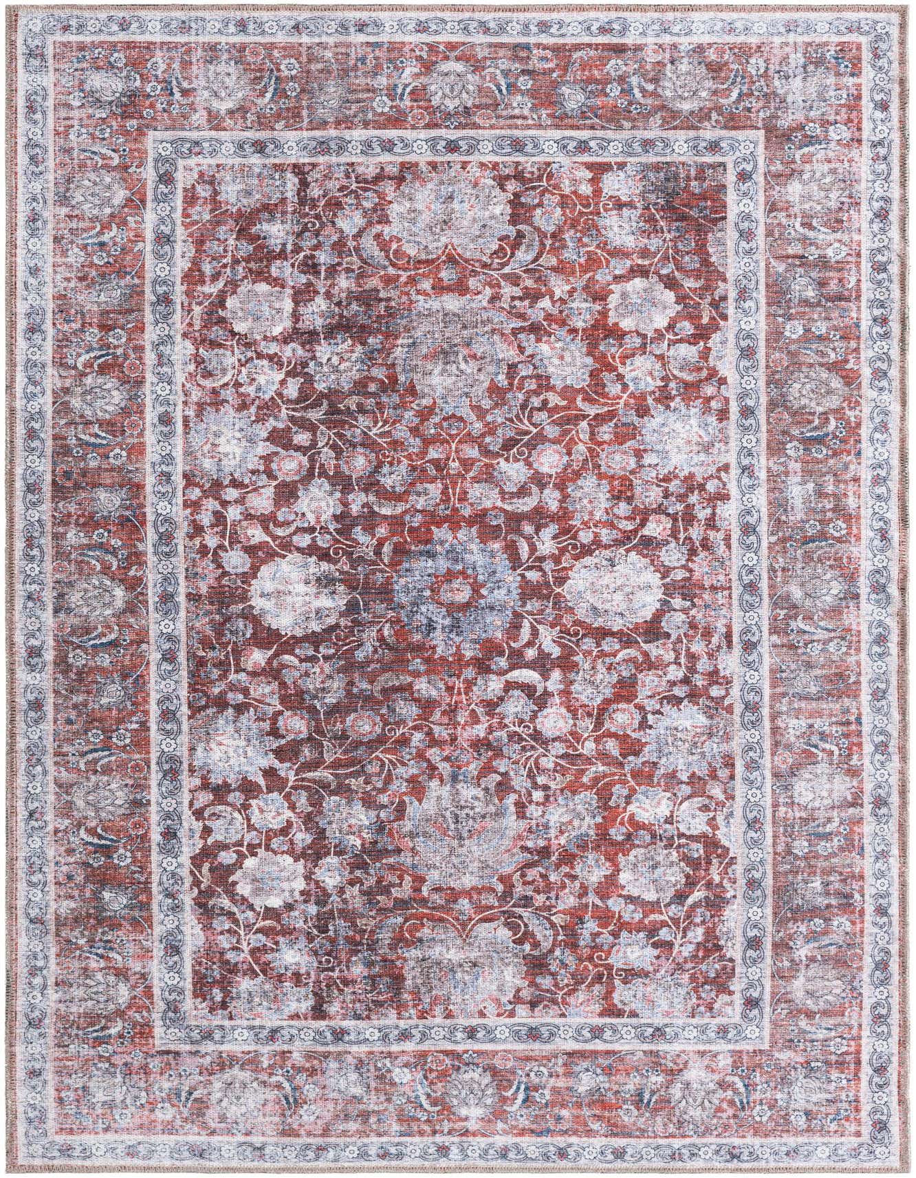A 4x6 rectangular red area rug with a faded traditional floral pattern in shades of white, blue, and gray, featuring a decorative border.