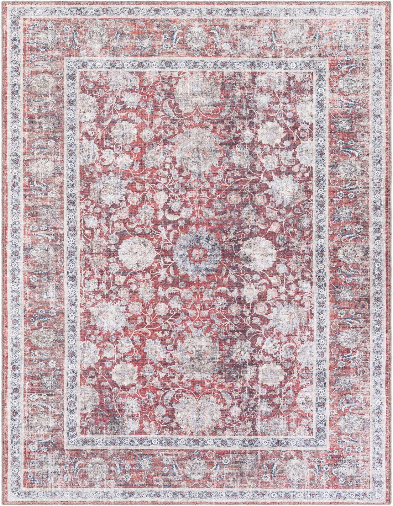 A 5x8 rectangular red floral botanical rug with a distressed look and ornate border, suitable for various indoor rooms.