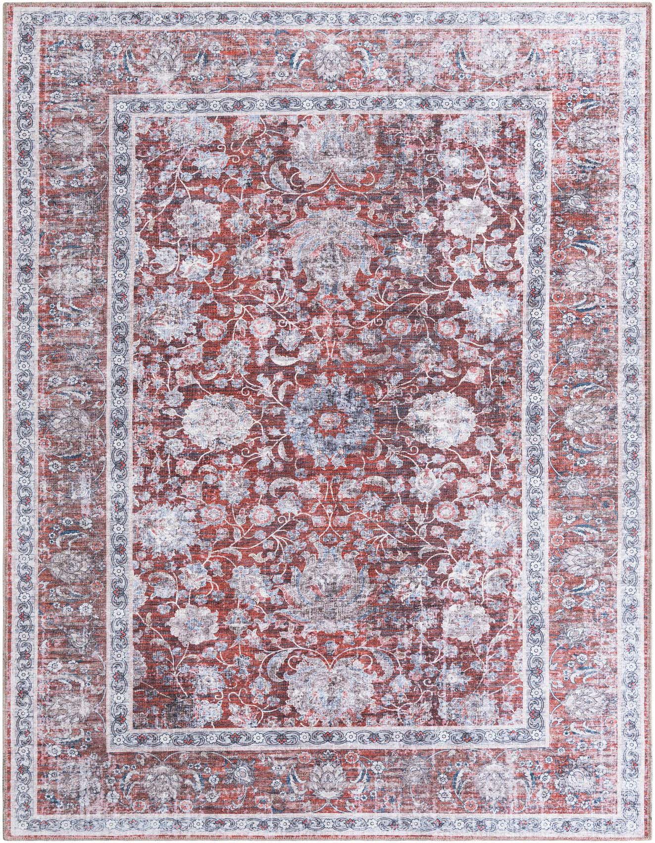 A 6x9 rectangular red area rug with a faded traditional floral pattern and a distressed look, suitable for a living room.
