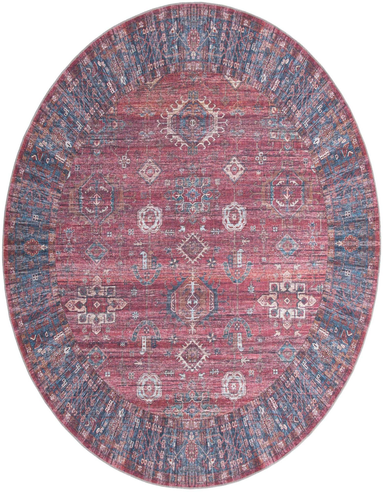 A 10' 6 round red rug with a traditional tribal pattern and a blue border, suitable for indoor spaces.