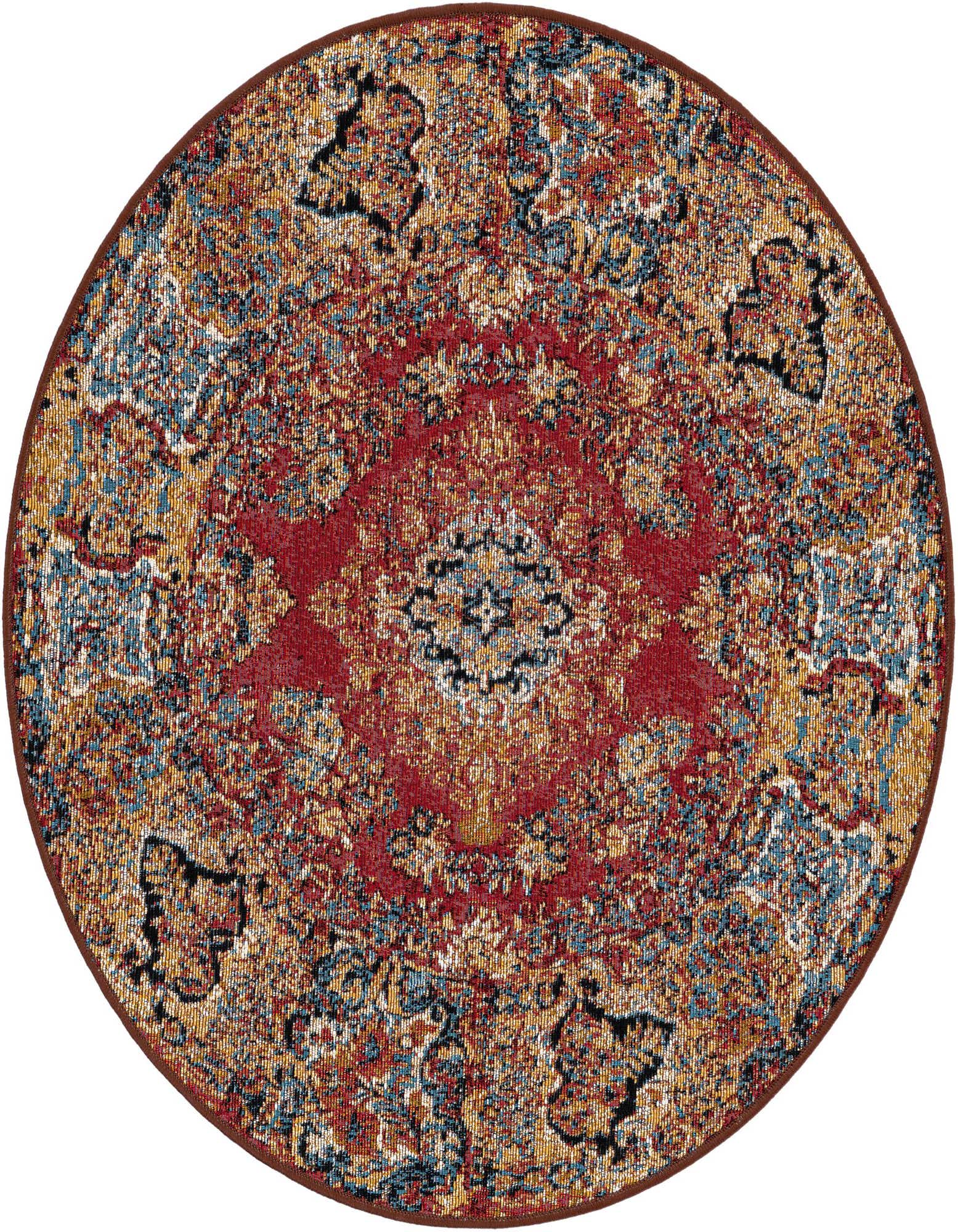 A 3' round red Oriental rug with a medallion pattern in blue, yellow, and black, suitable for indoor or outdoor use.