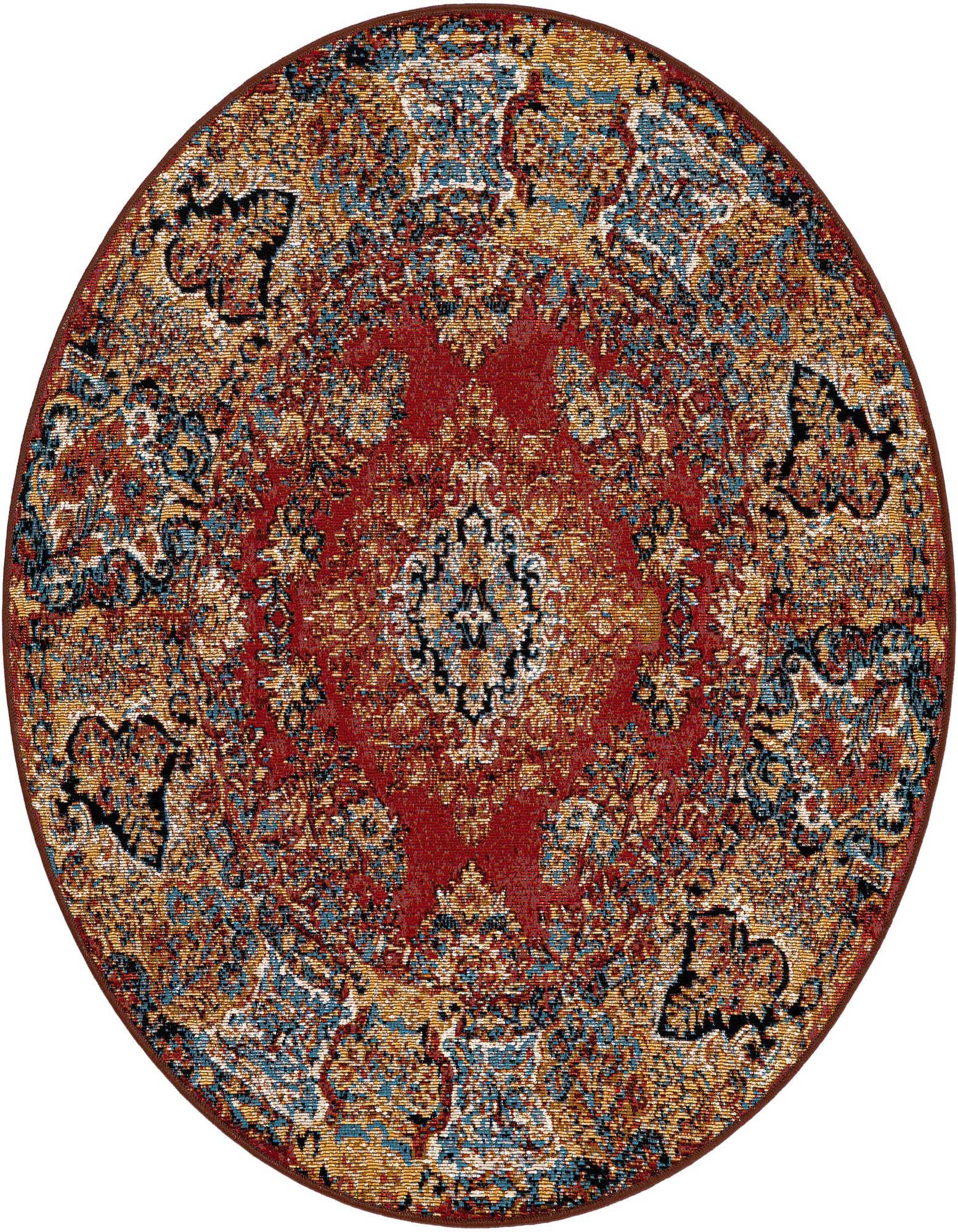 A 4' round red Oriental rug with a central medallion and intricate blue, gold, and black traditional patterns, suitable for indoor or outdoor use.