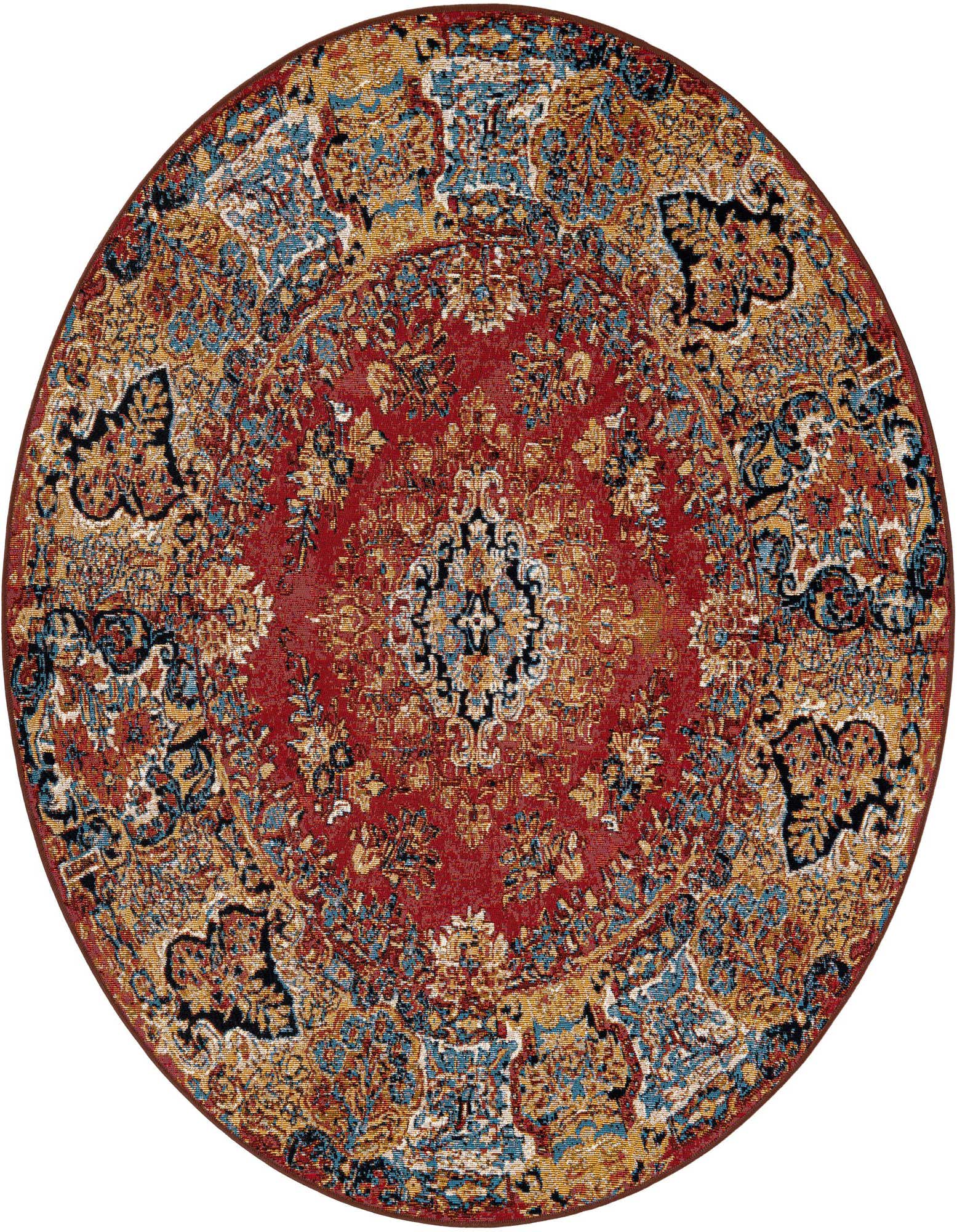 A 6' round red Oriental rug with a central medallion and intricate patterns in gold, blue, and black.