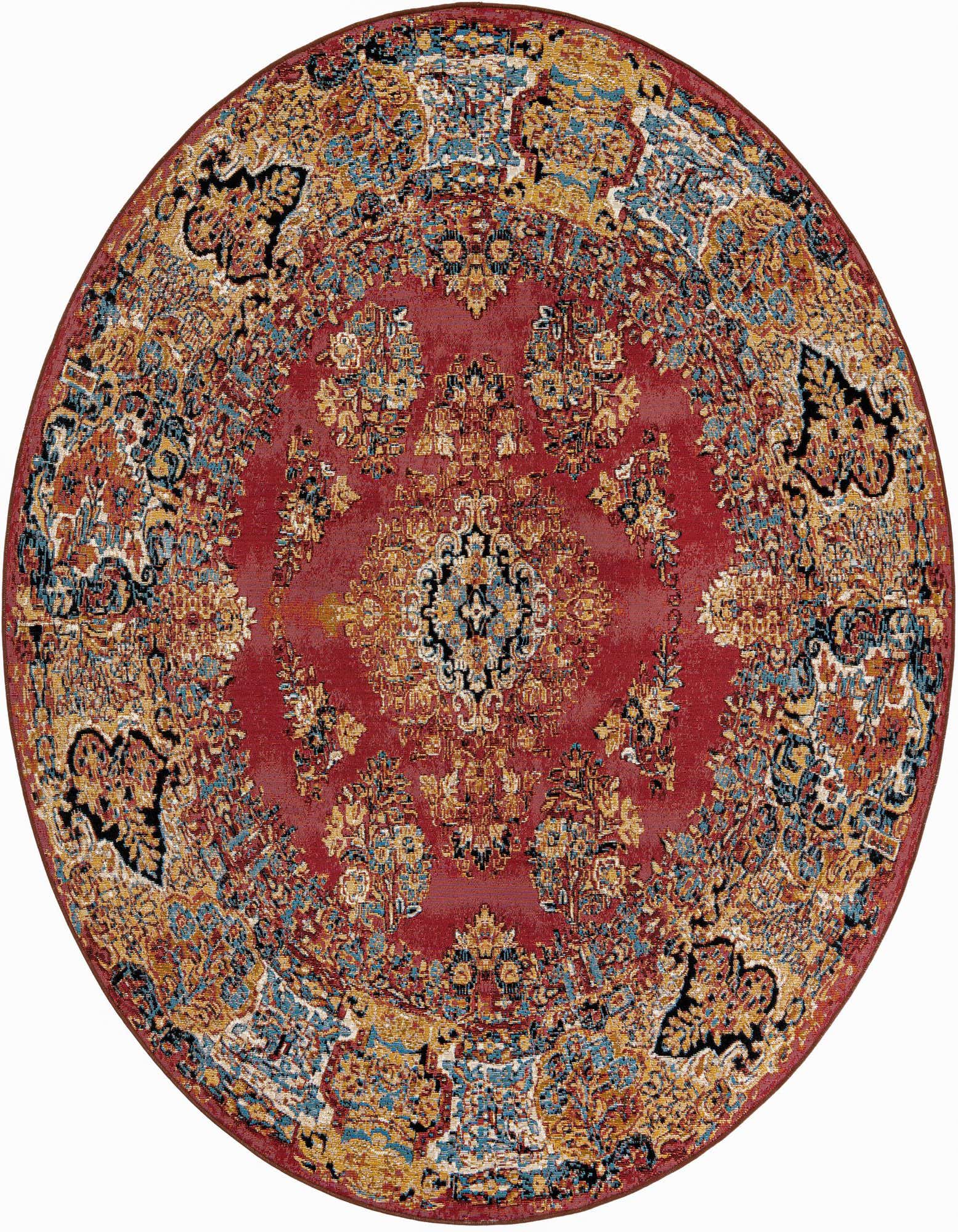 A 7' 10 round red Oriental rug with a detailed medallion pattern in blue, gold, and black, suitable for a patio.