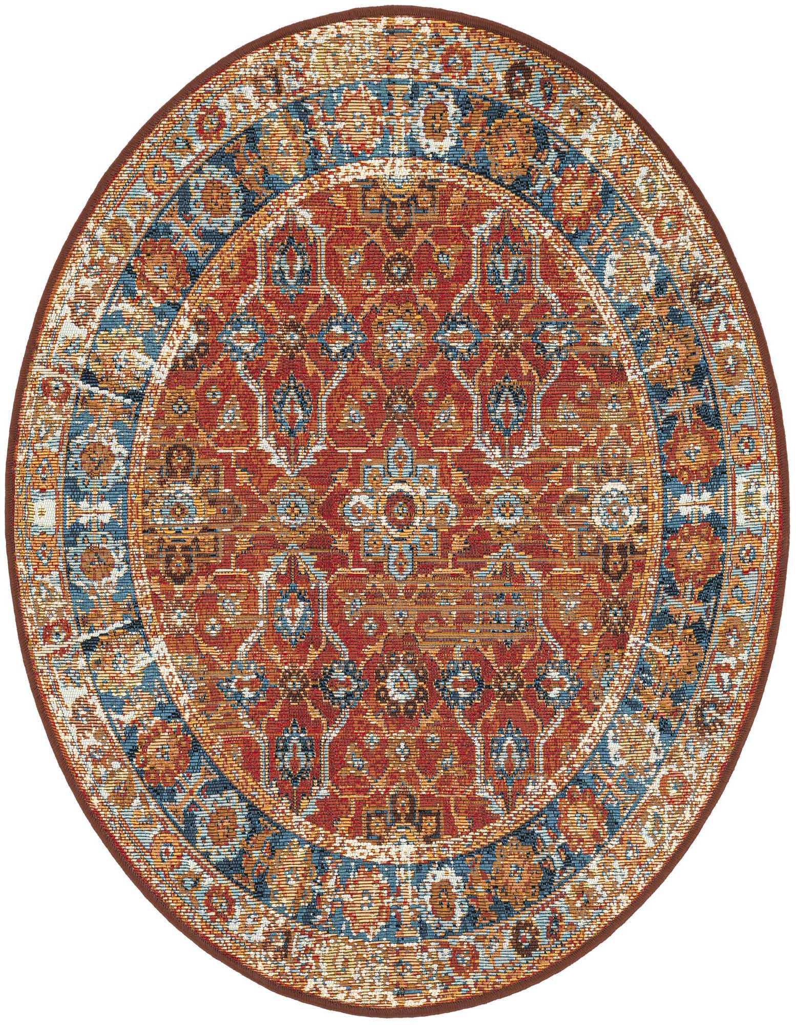 A 3' round red modern rug with intricate blue and orange patterns, suitable for indoor or outdoor use.