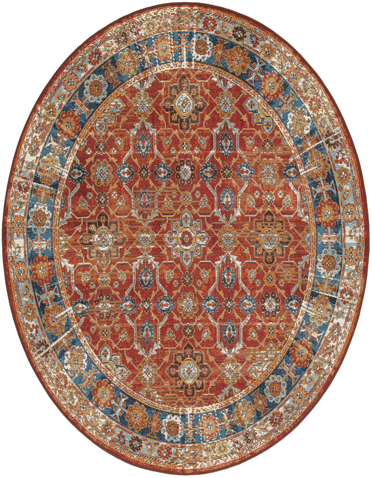 A 5' round red modern rug with an intricate traditional pattern in blue, orange, and cream, suitable for indoor or outdoor use.