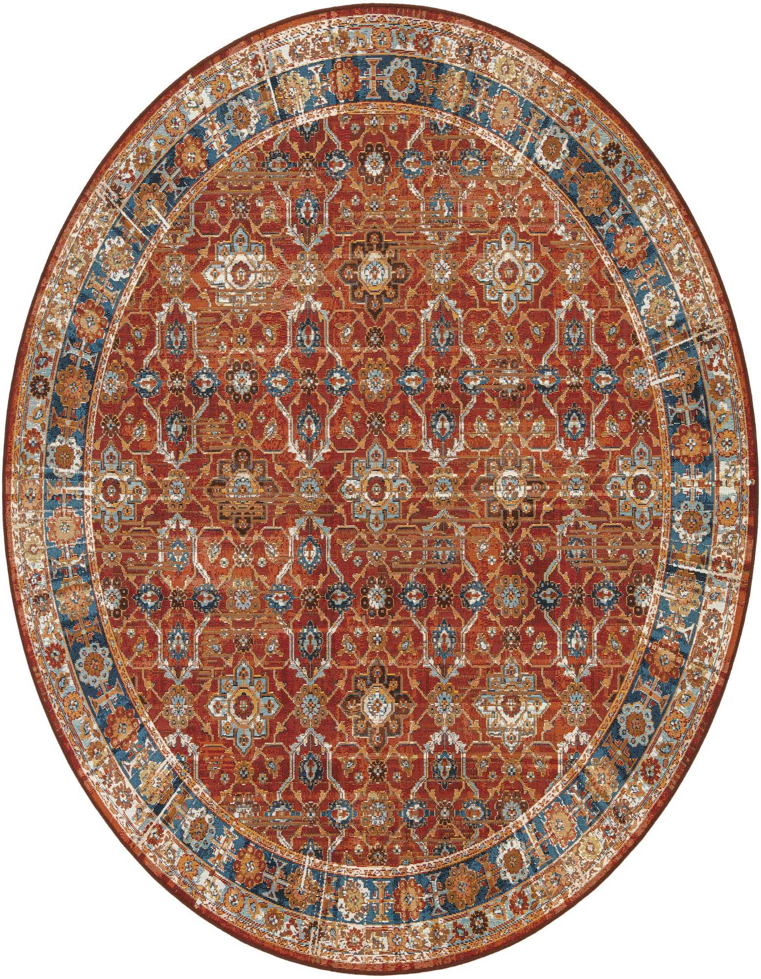 A 7' 10 round red rug with a traditional oriental medallion pattern and a blue and gold border, suitable for indoor or outdoor use.