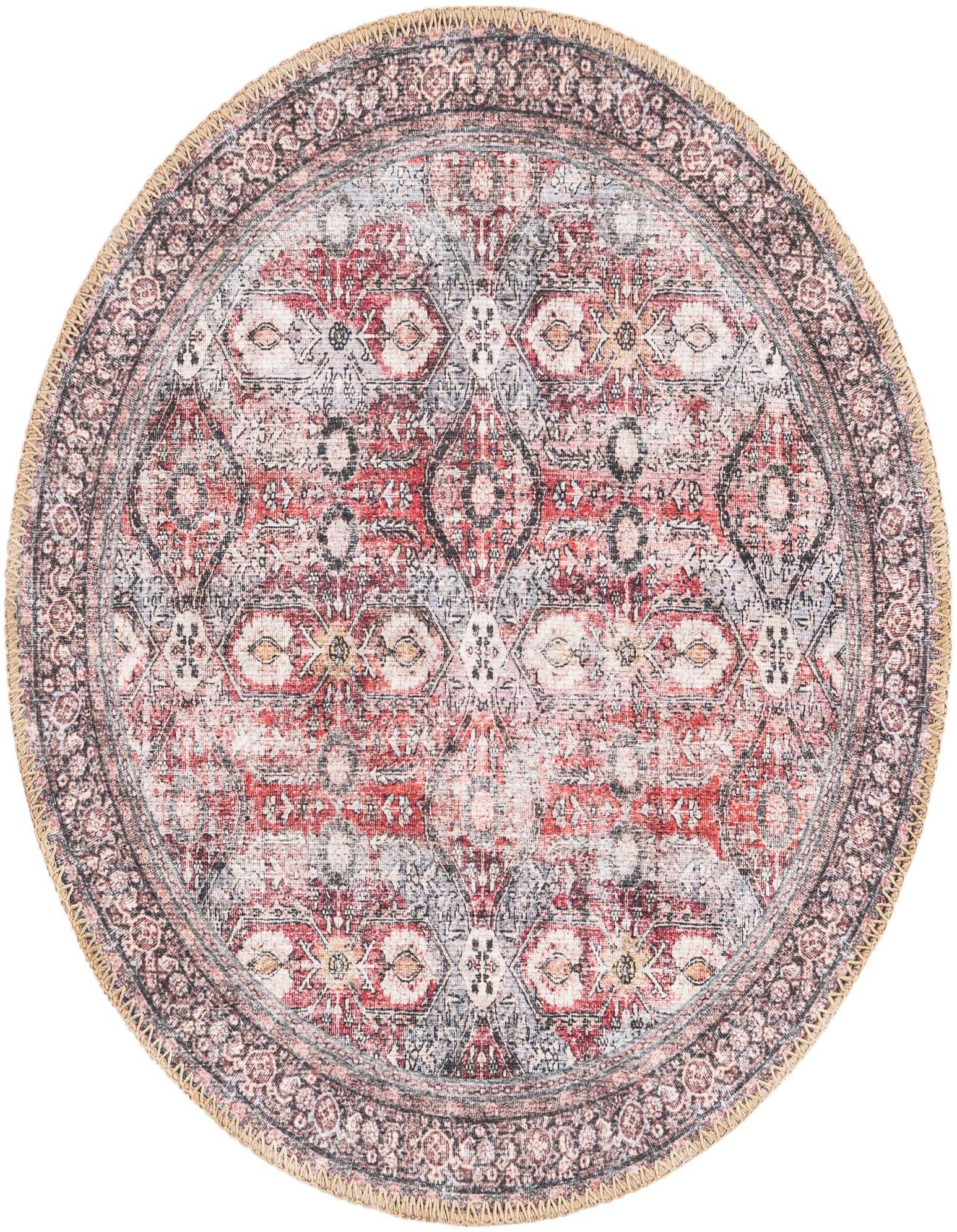 A 2' round red Oriental rug with a distressed medallion pattern and a dark border, suitable for an indoor living space.