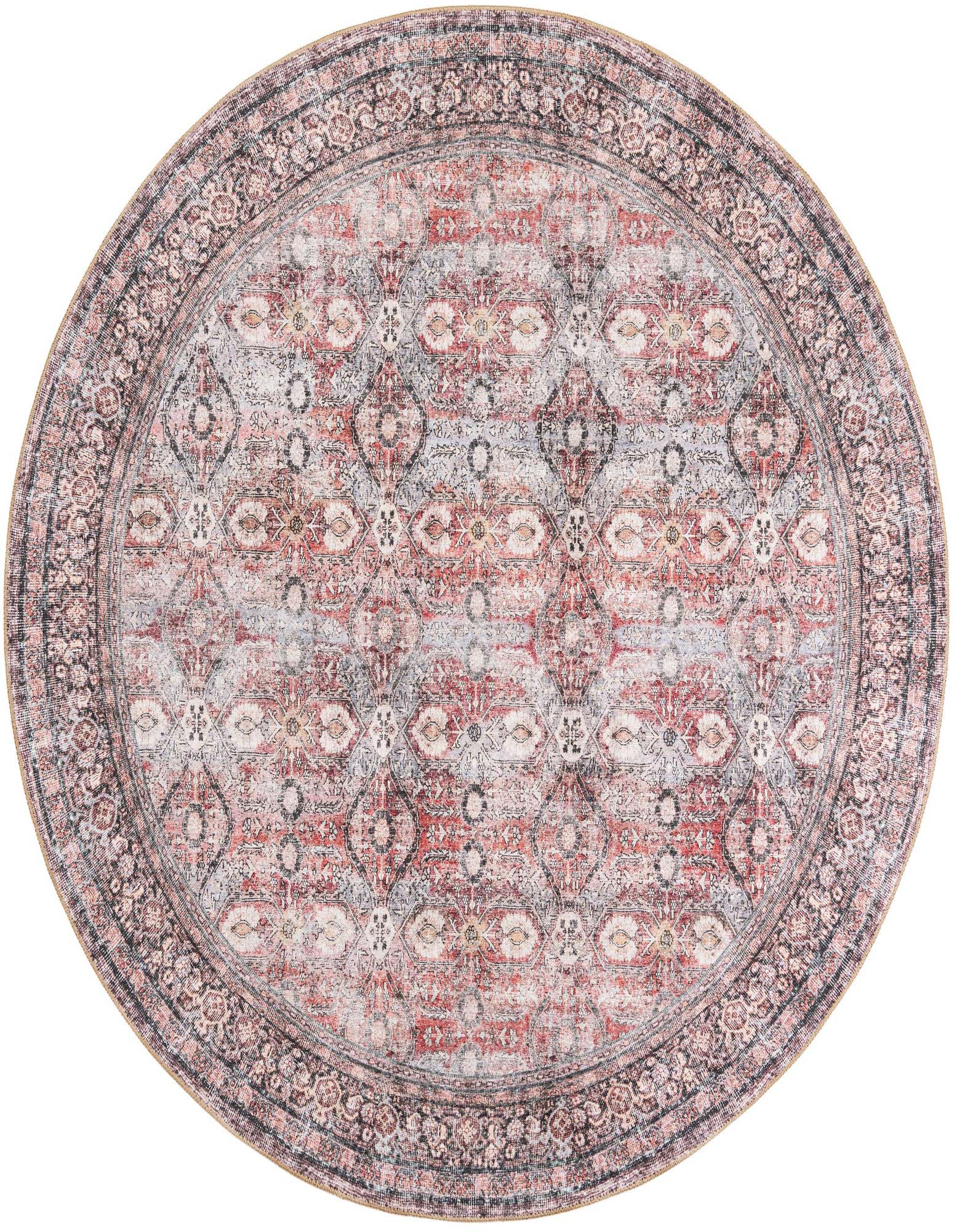 A 7' 10 round red Oriental rug with a distressed vintage medallion pattern and intricate border.