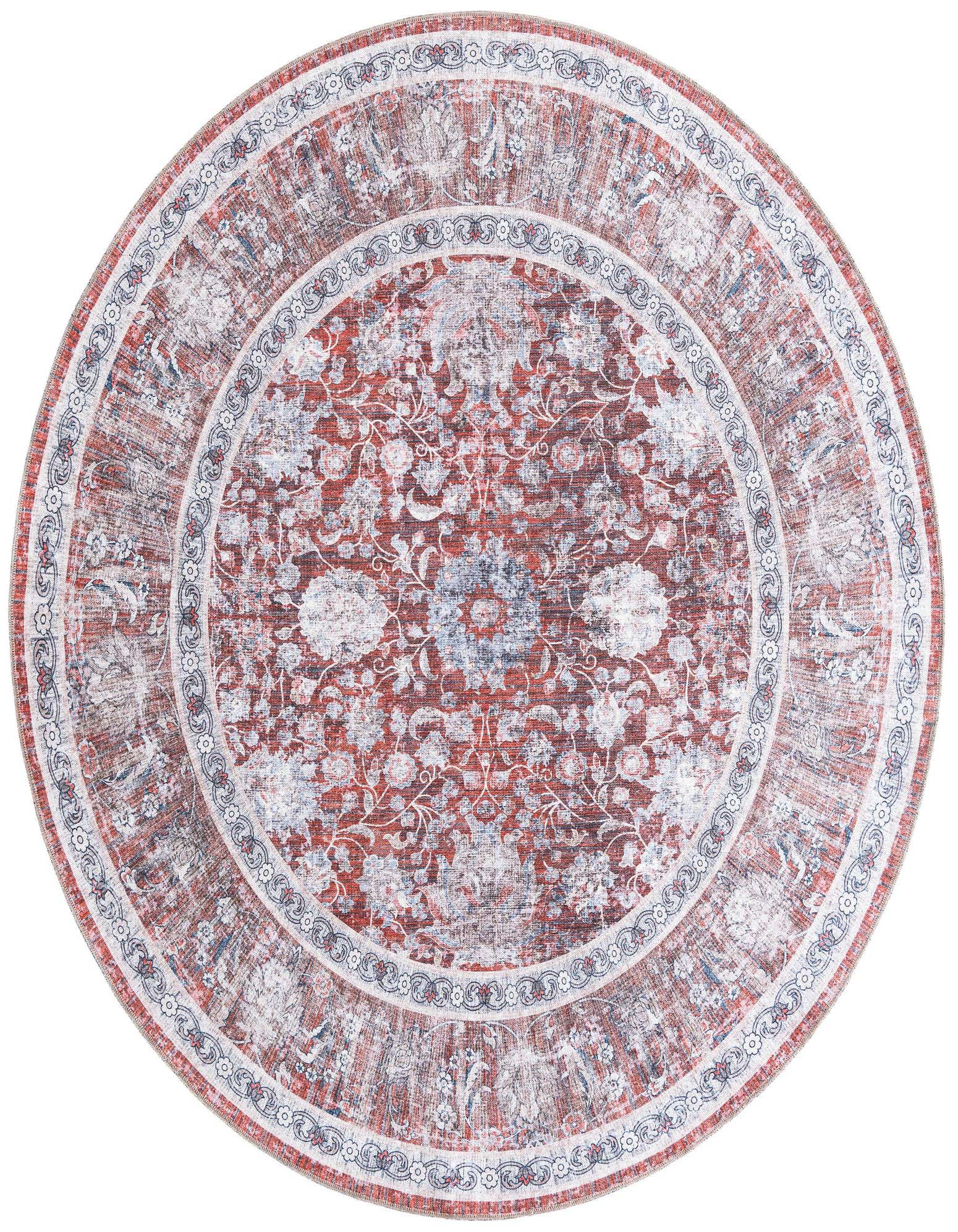 A round 7' 10 red area rug with a distressed floral and medallion pattern in white and blue, suitable for a living room or patio.