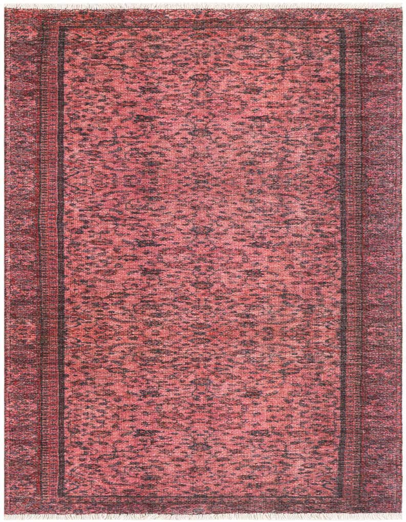 A 5 ft runner rug in shades of red with a distressed traditional floral pattern and a dark border, suitable for a hallway.