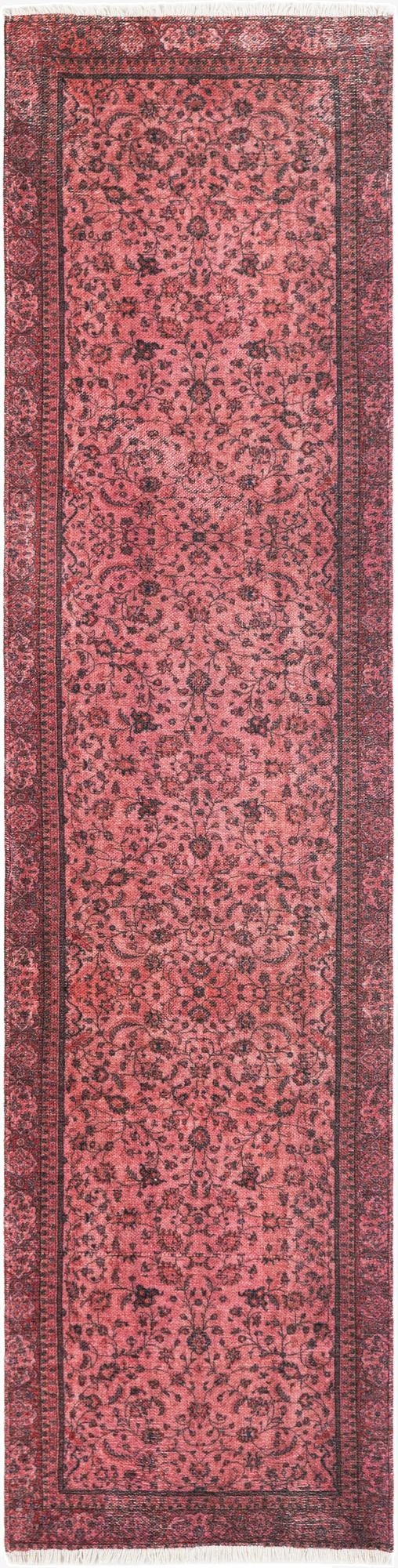 A vintage-style 8 ft runner rug in shades of red with a traditional floral pattern and dark border, ideal for a hallway.