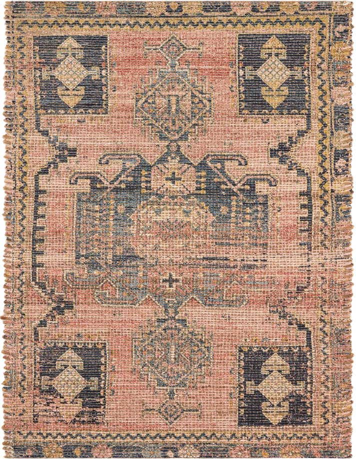 A 6 ft runner rug featuring a traditional medallion pattern in distressed red, navy, and gold tones, made from polyester chenille and jute.