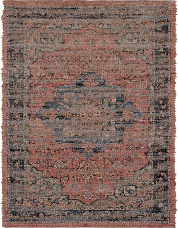 A 6 ft runner rug featuring a distressed traditional medallion pattern in shades of red, navy, and beige.