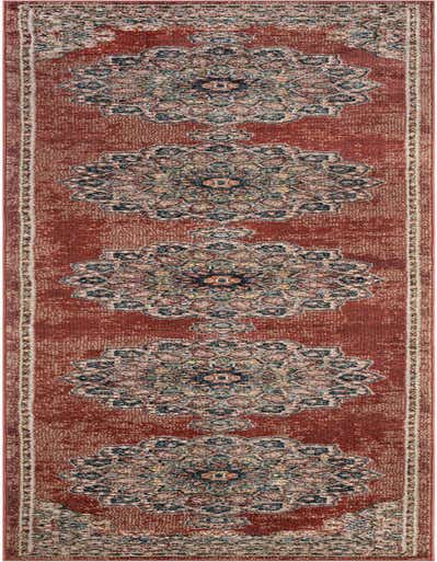 A 13 ft runner rug from the Isabella collection by Rugs.com, featuring a distressed traditional Oriental medallion pattern in reds and blues, ideal for a hallway.