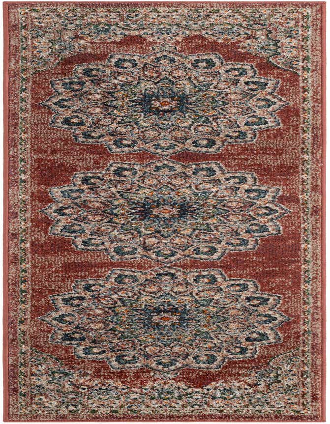 A 6 ft runner rug with a traditional medallion pattern in shades of red, blue, and cream.