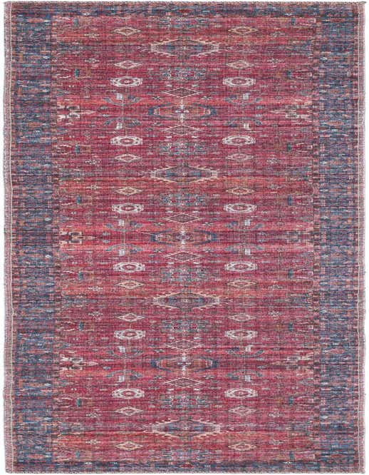 A vibrant 8 ft runner rug featuring a distressed traditional tribal pattern in rich reds, blues, and creams.