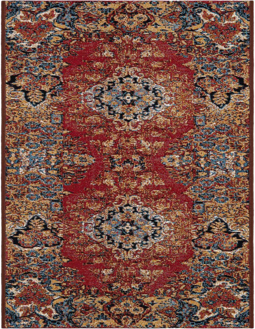 A 5 ft runner rug with a traditional Oriental medallion pattern in shades of red, gold, and blue, suitable for a hallway or patio.