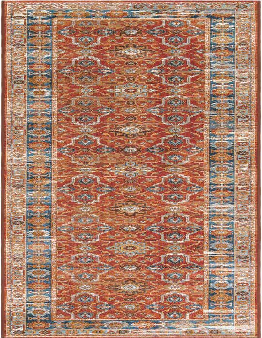 A 10 ft runner rug in a modern style with a distressed red field and blue and orange traditional patterns.