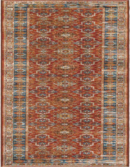 A 12 ft runner rug with a distressed traditional Oriental pattern in reds, blues, and gold tones, suitable for hallways or patios.