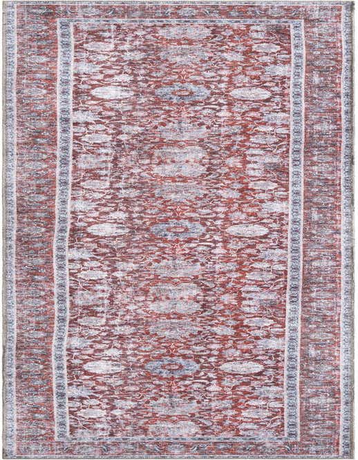 A 10 ft red runner rug with a distressed traditional floral pattern and a light blue border, ideal for hallways.