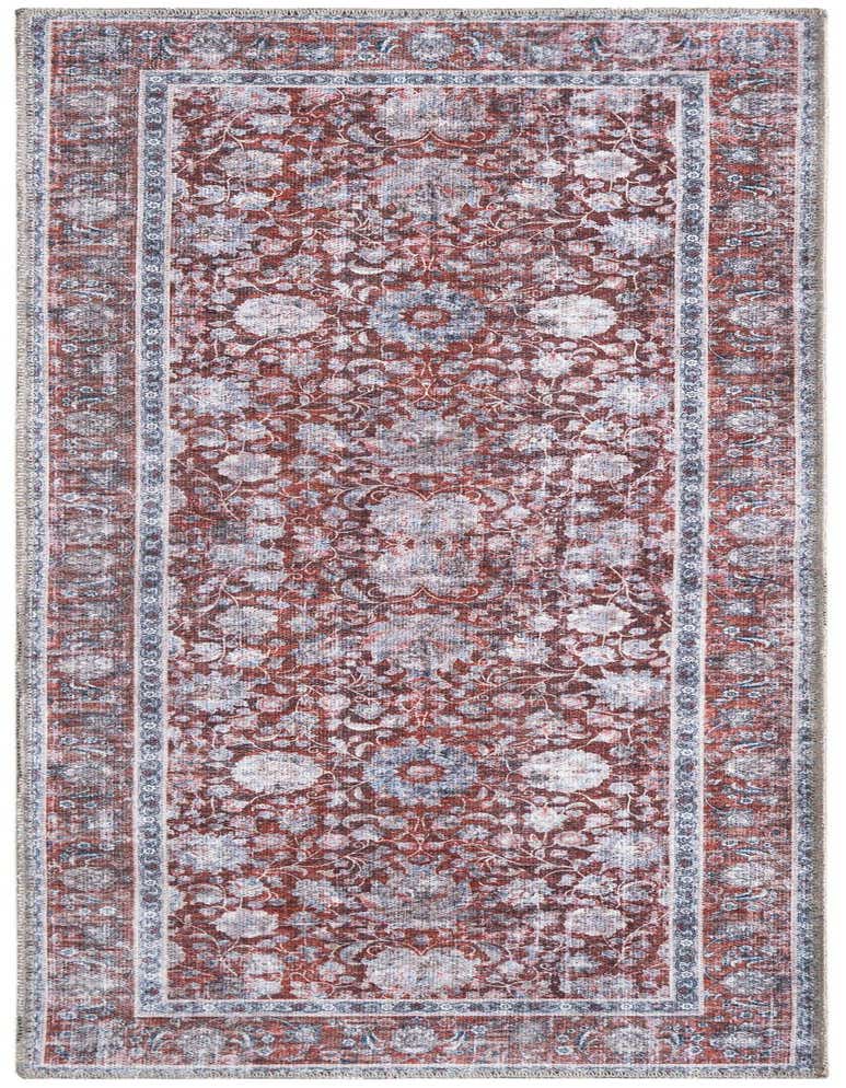 A 5 ft runner rug in shades of red and grey, featuring a distressed floral medallion pattern with a decorative border.