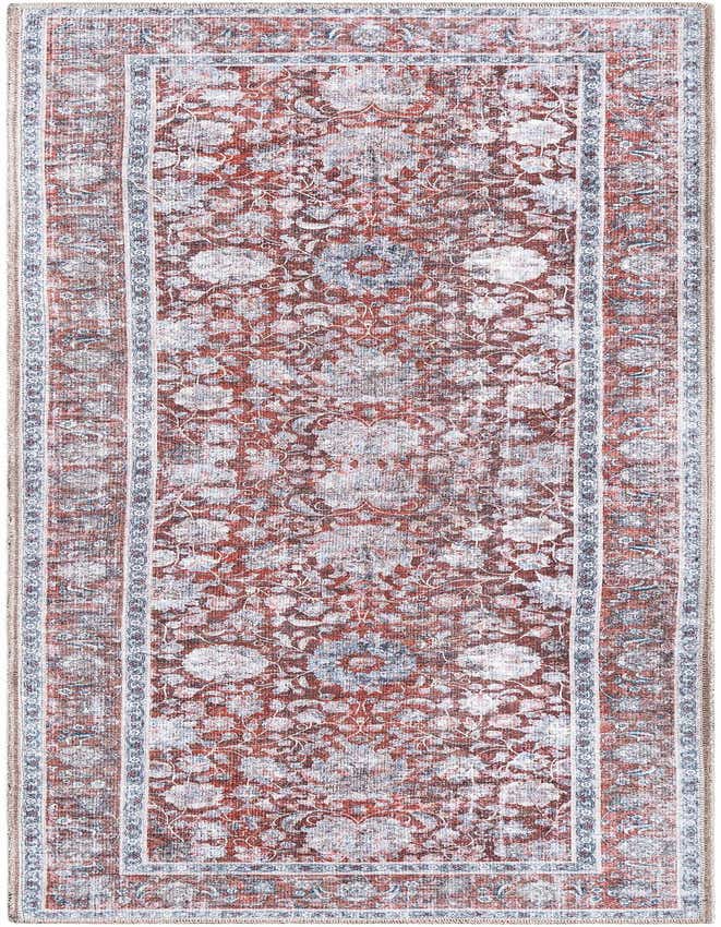 A 6 ft runner rug featuring a distressed traditional floral pattern in shades of red, white, and blue, ideal for a hallway.