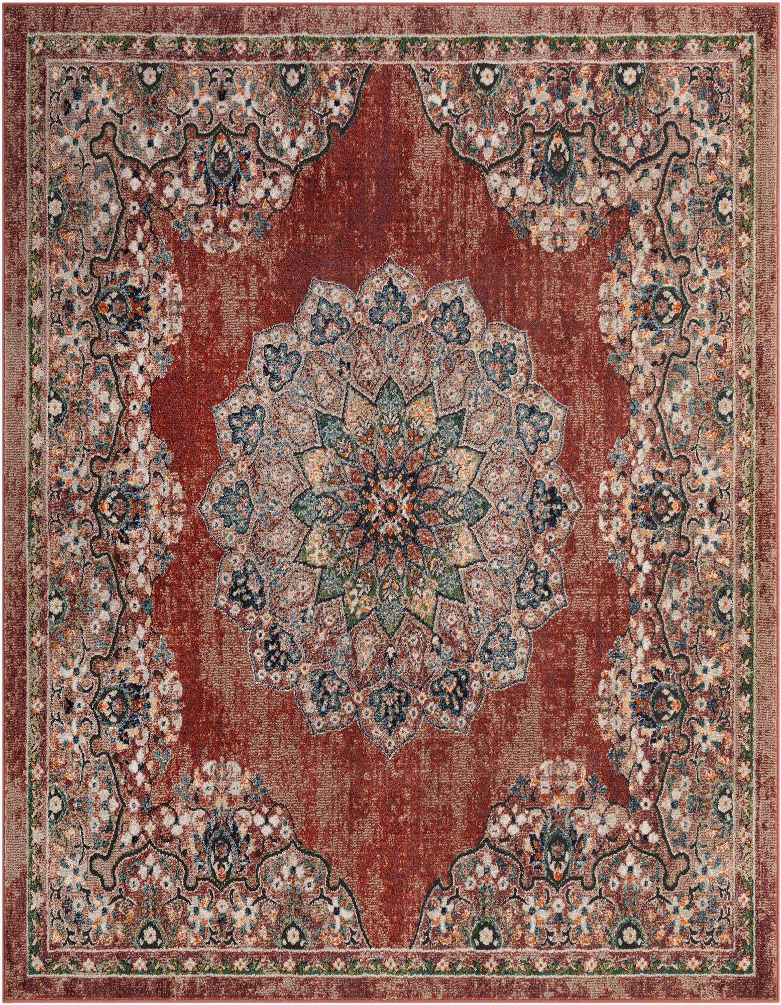 A square 8'x8' Isabella Collection rug with a distressed red background, featuring a central medallion and ornate traditional floral patterns in blue, green, and cream.
