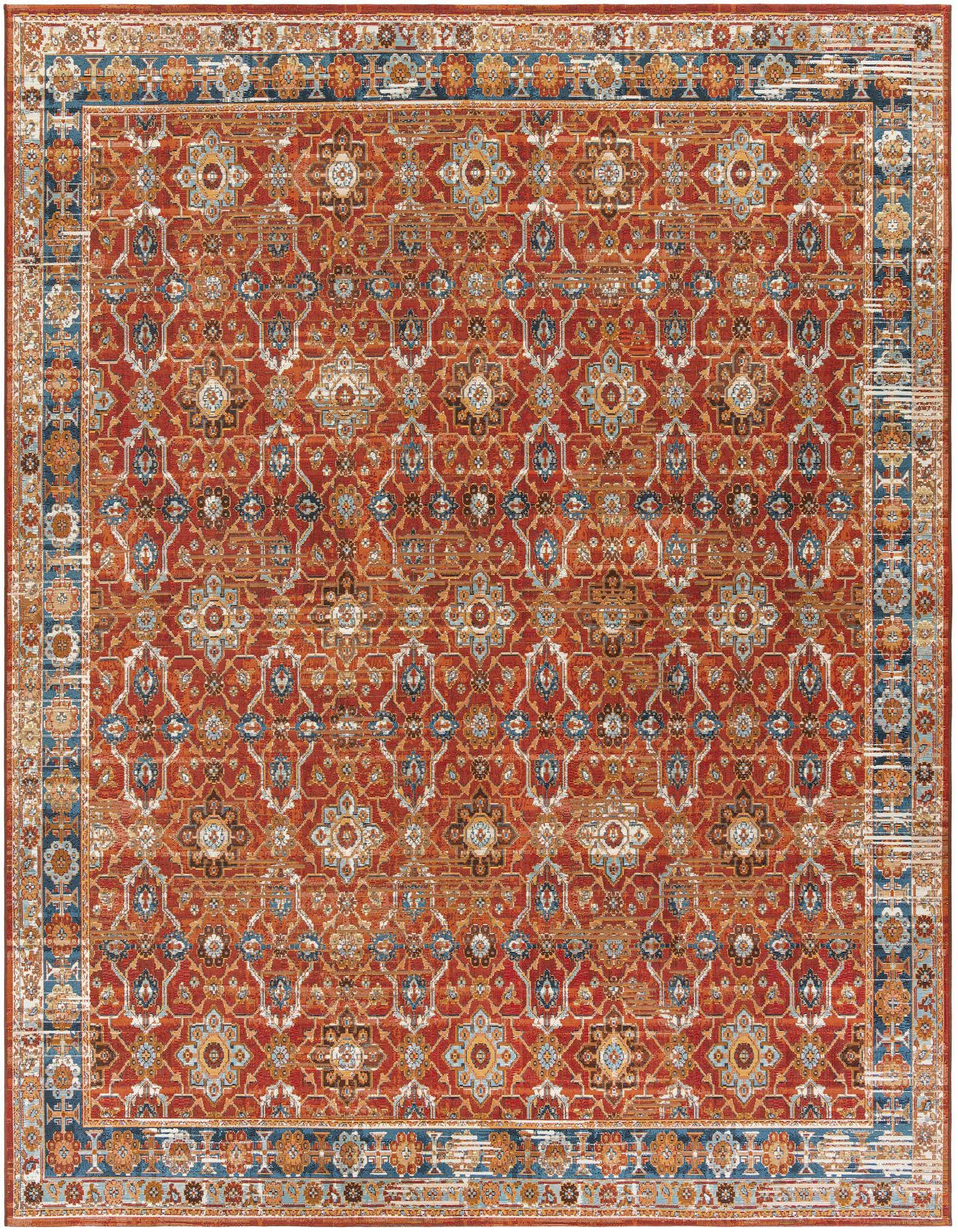 A 10'x10' square red traditional indoor/outdoor rug with an intricate oriental pattern and a distressed blue border.