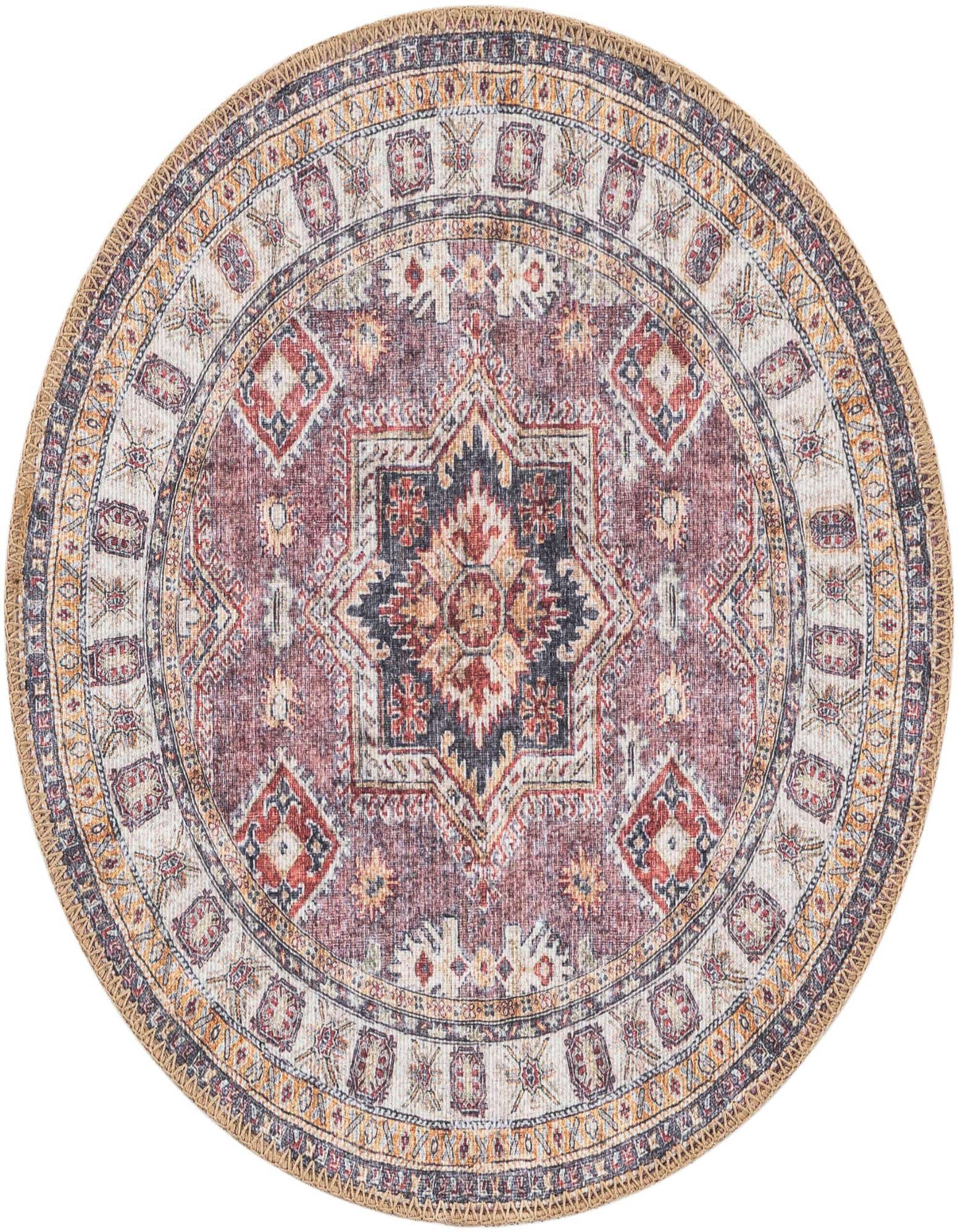 A 2' 0 x 2' 0 round Antique Rose Pink rug with a distressed traditional pattern and a woven border.