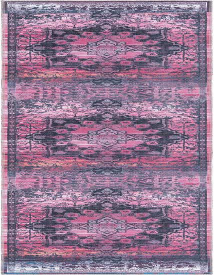 A 12 ft Francesca runner rug in shades of pink with a distressed traditional medallion pattern, ideal for a hallway.