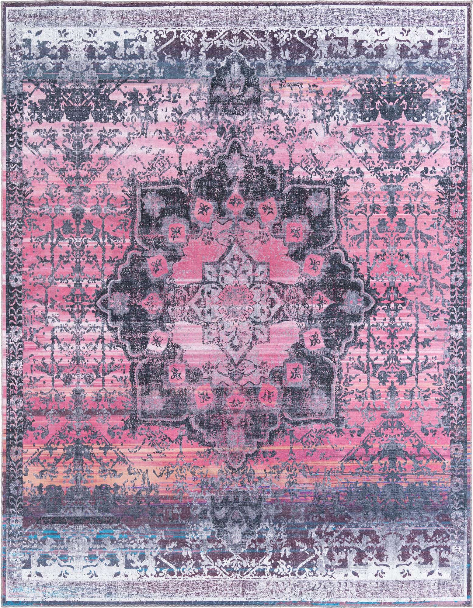 A 10' 6 x 10' 6 square Francesca rug in shades of pink, black, and grey with a distressed traditional medallion pattern.