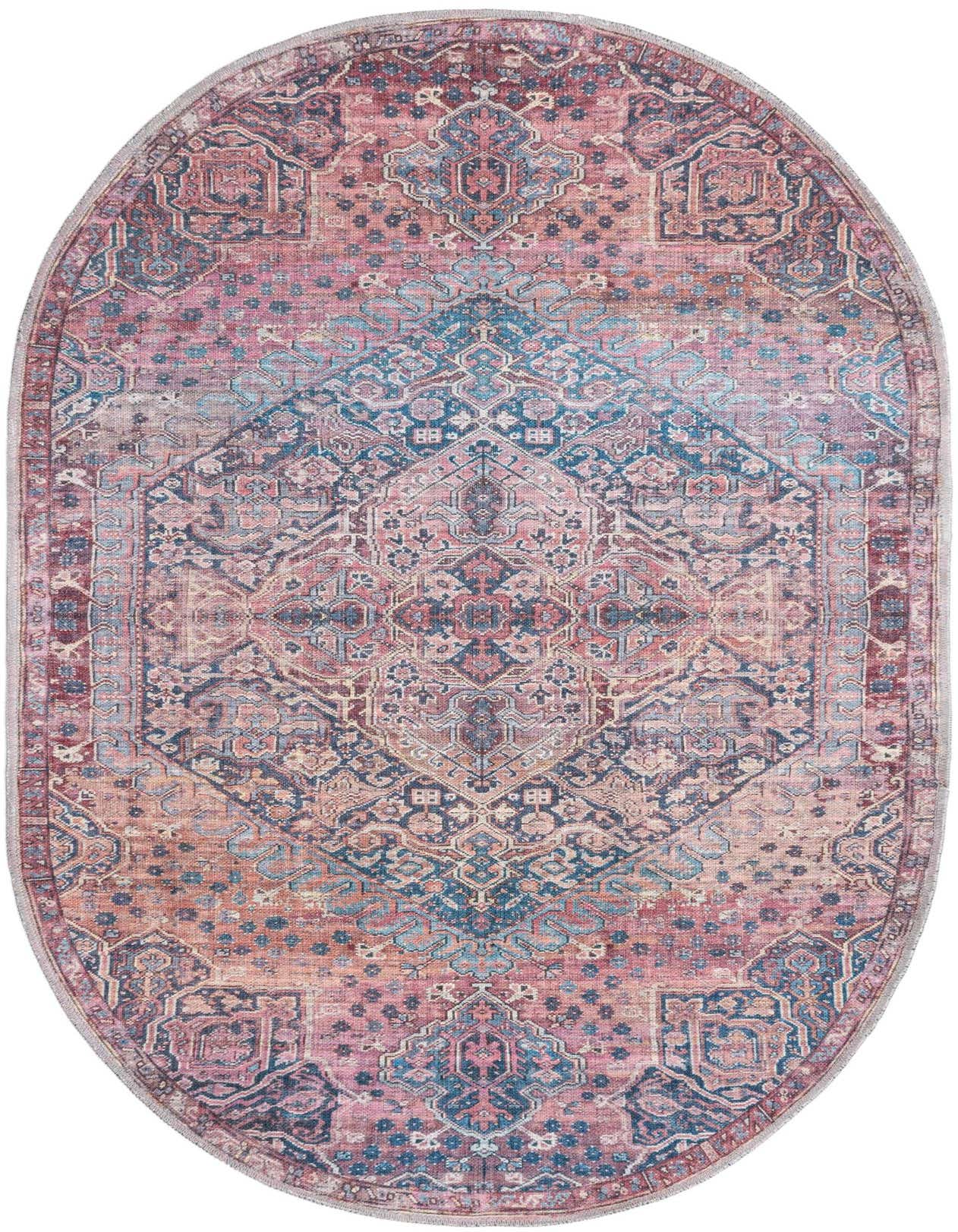 A 4'x6' oval Maahru rug in reds and blues with a distressed traditional floral pattern, suitable for indoor use.