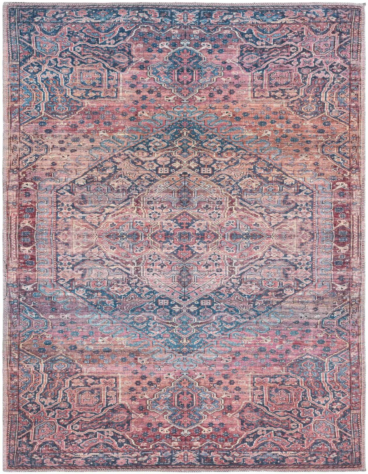 A 4x6 rectangular Maahru rug featuring a distressed traditional floral pattern in shades of red, pink, and blue.