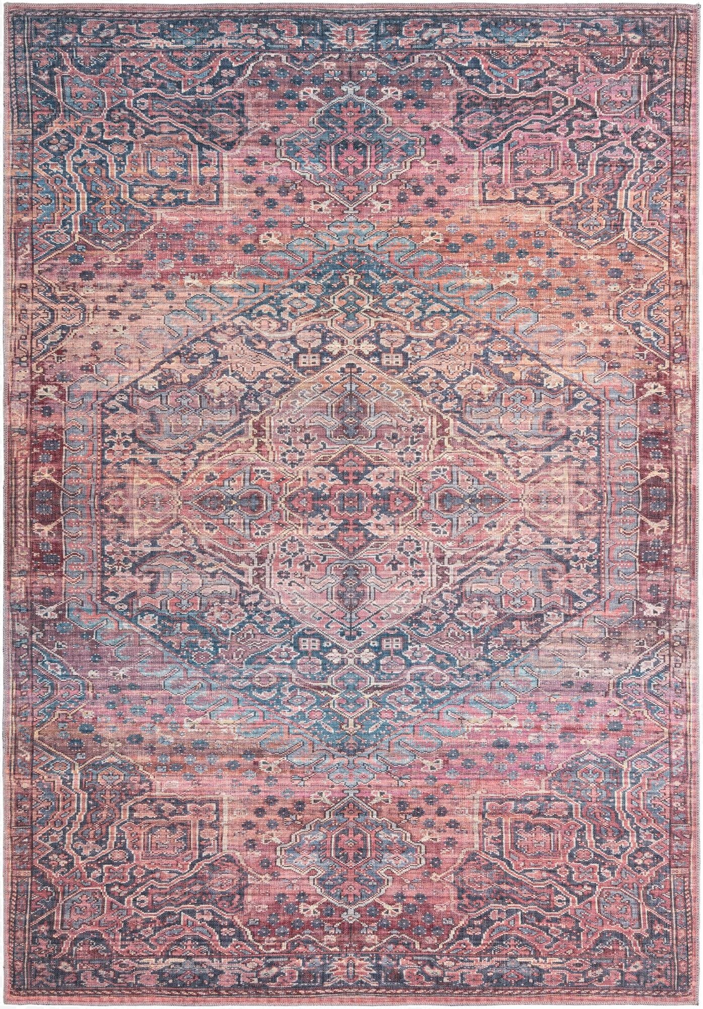 A 7x10 rectangular Maahru rug featuring a distressed traditional floral pattern in shades of red, pink, and blue.