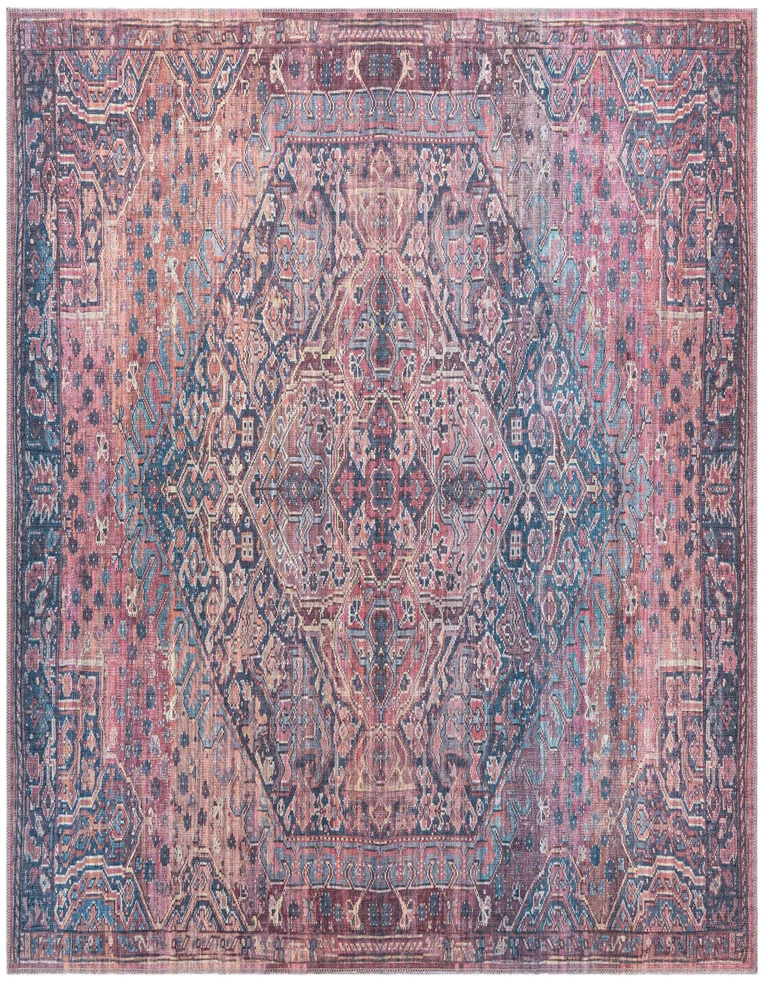A 7' 3 x 7' 3 square Maahru rug featuring a distressed traditional floral pattern in shades of red, blue, and purple.