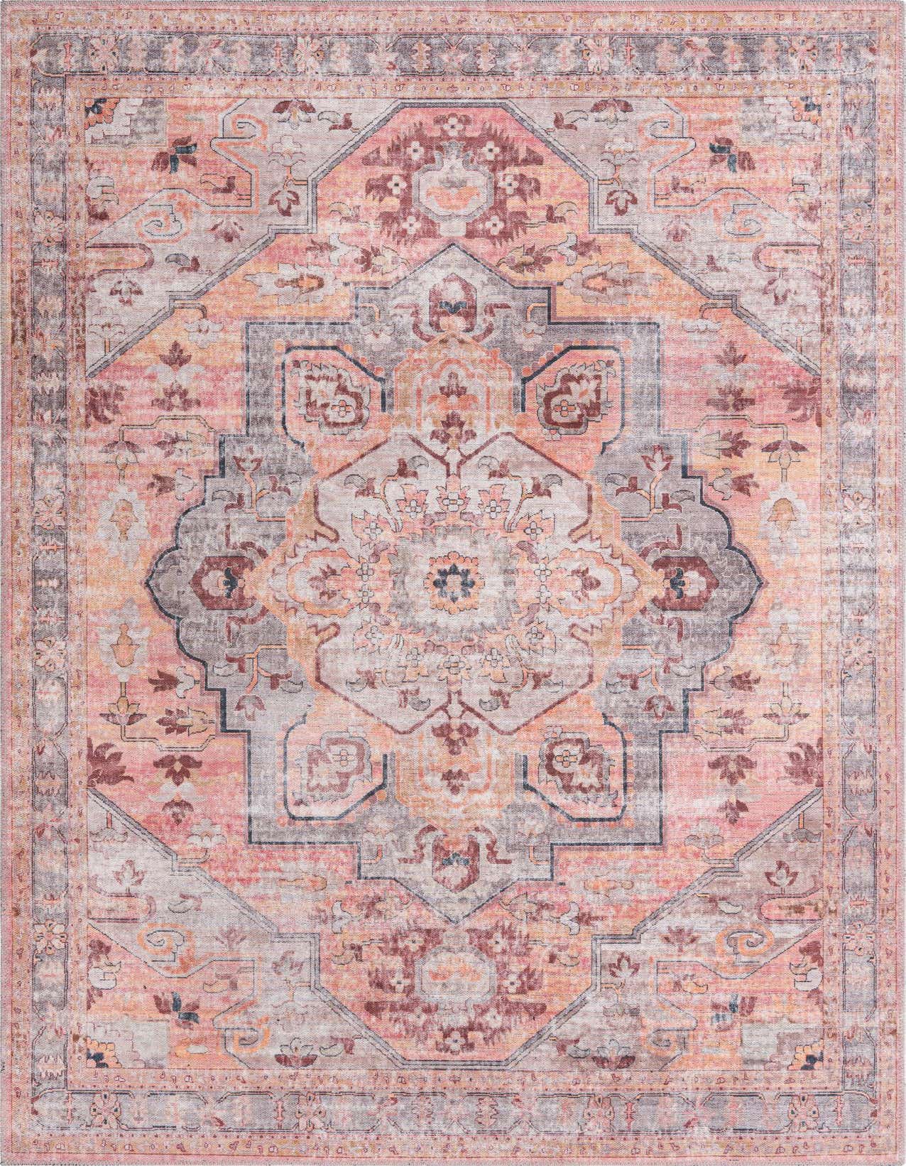 A 5x8 rectangular Apricot and Pink Mangata rug with a traditional medallion pattern, ideal for a living room.