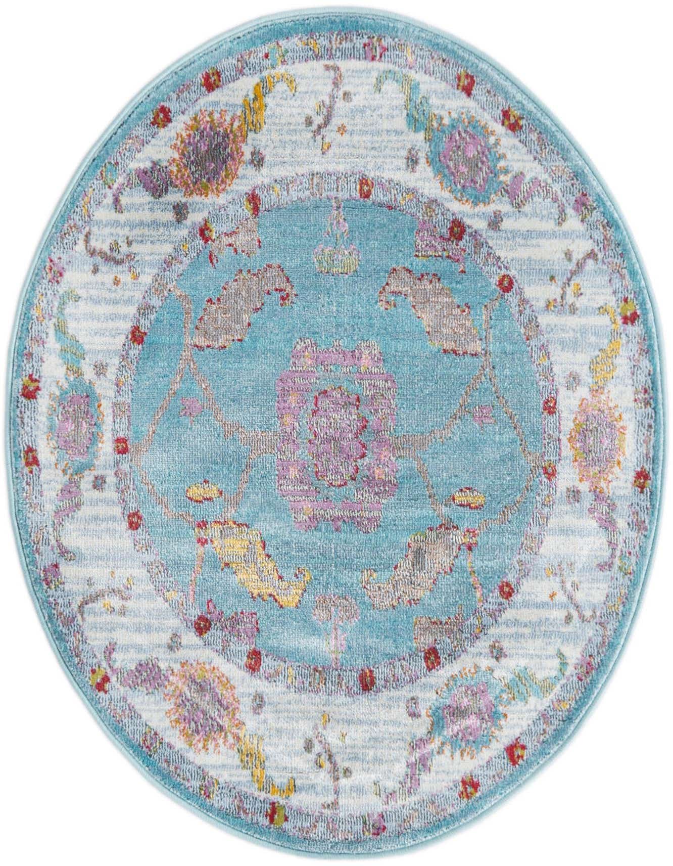 A 3' 3 x 3' 3 round blue traditional rug with a vintage medallion pattern in shades of blue, pink, and yellow.