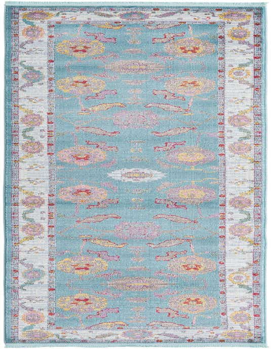 A 10 ft runner rug in shades of blue with a traditional vintage medallion pattern in pink, yellow, and white.