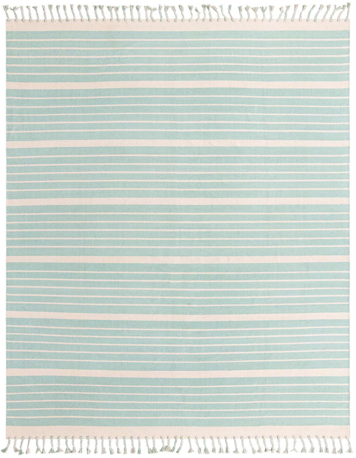 A 10x14 rectangular Chindi Cotton rug featuring alternating aqua and white horizontal stripes with fringed ends.