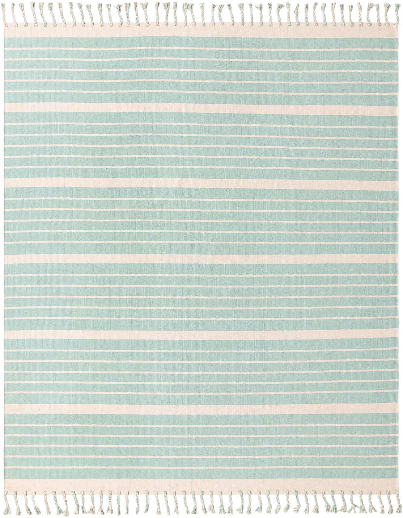 A 9x12 rectangular Chindi Cotton rug featuring alternating aqua and white horizontal stripes with fringed ends.