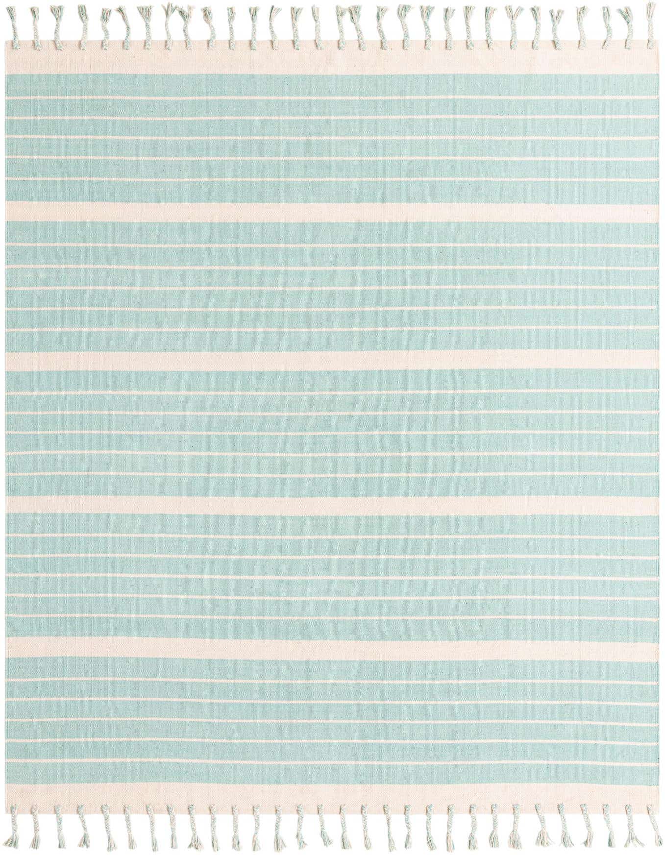 An 8x10 rectangular flatweave rug with alternating aqua and white horizontal stripes and fringed ends.